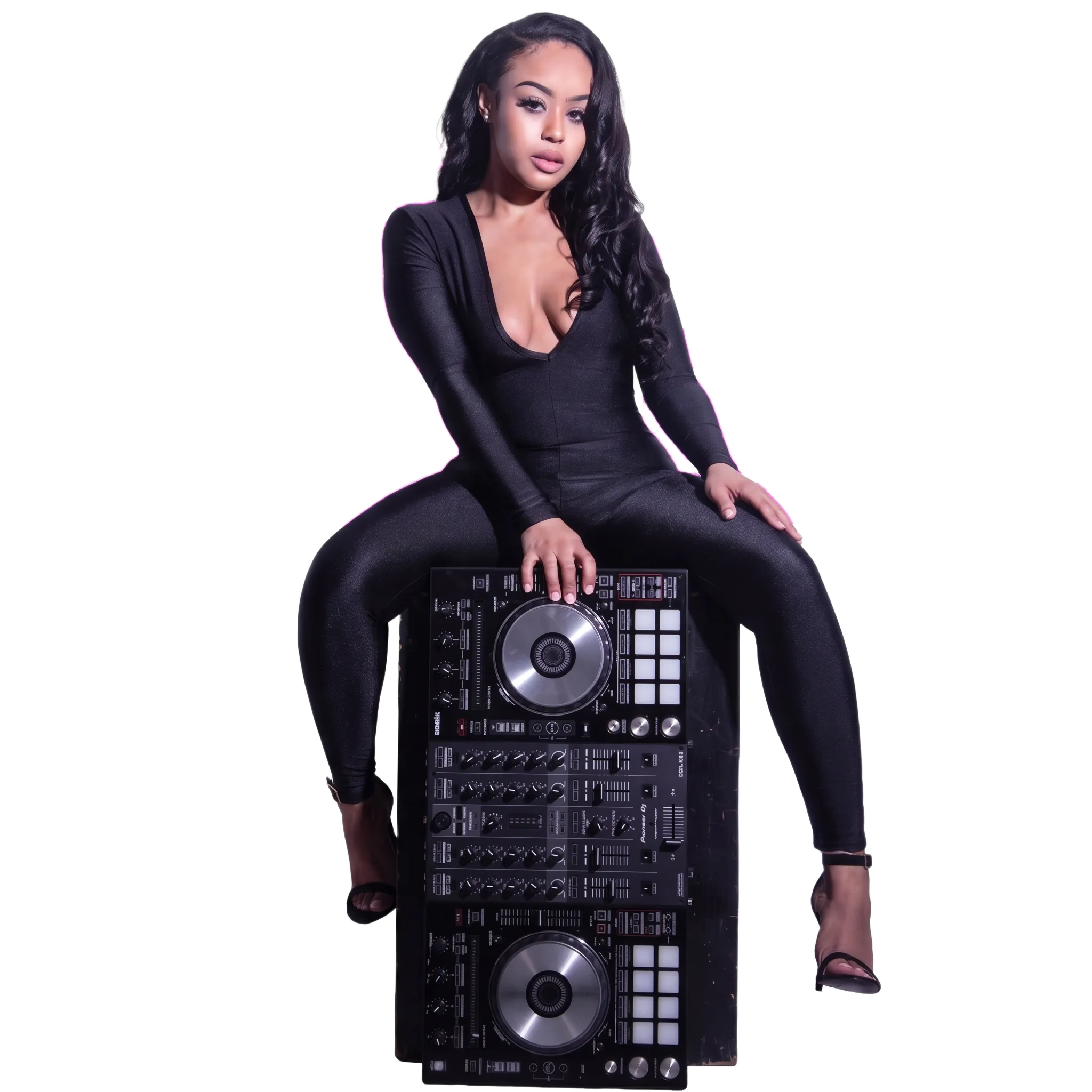 Ray Bae the DJ posing with her Pioneer DJ controller